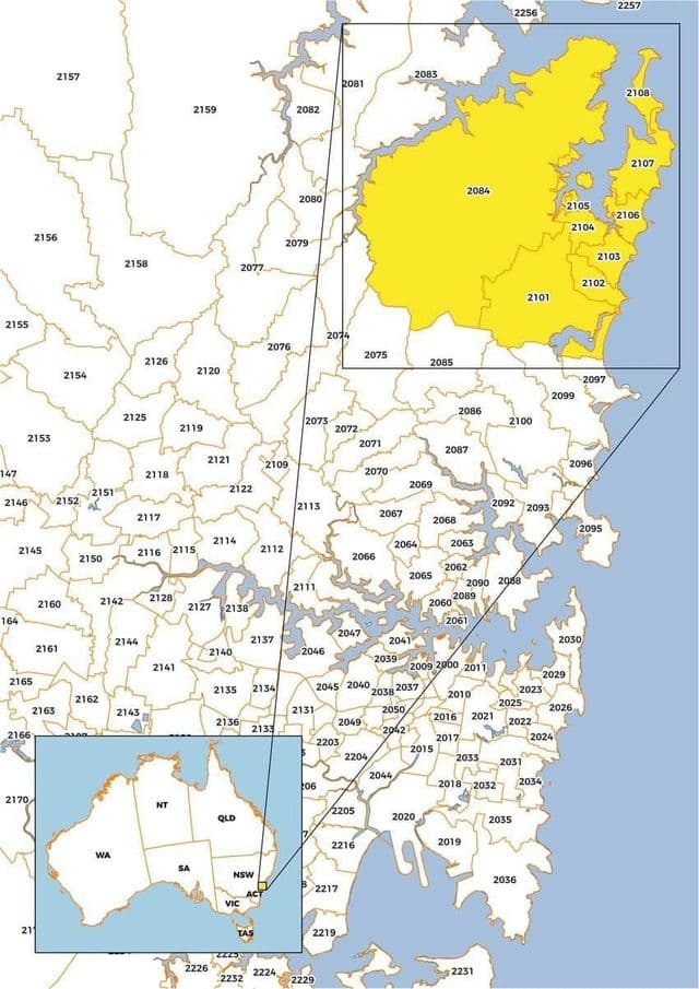 Karte der Postleitzahlen von Sydney